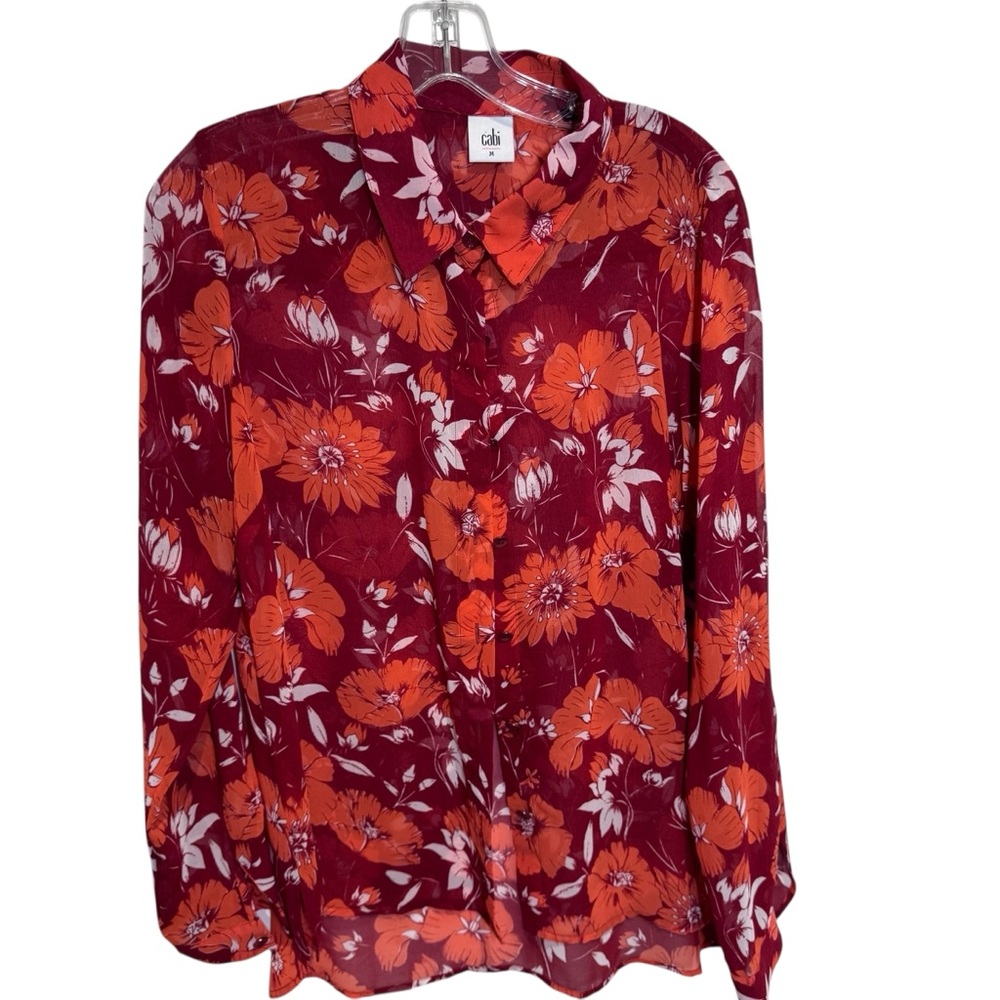 Cabi 3766 Hothouse Sheer Floral Long Sleeve Button Up Blouse Red Sz Medium